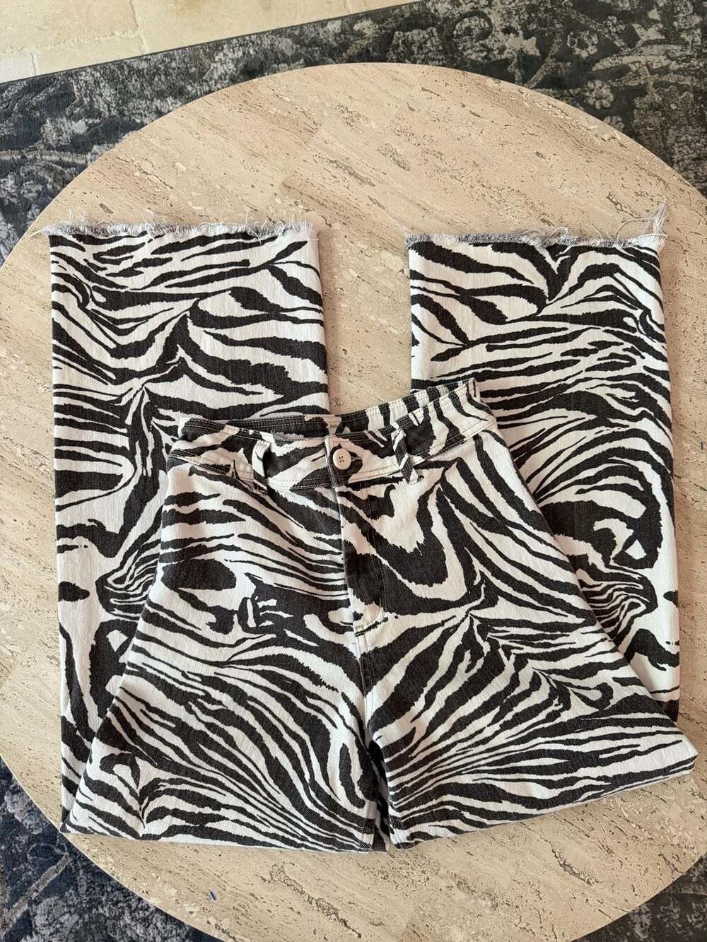 Miou Muse High-Waisted Zebra Print Raw-Hem Denim Shorts